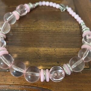Chunky Pink & Clear Bubble Bead Statement Necklace - Silver Accents